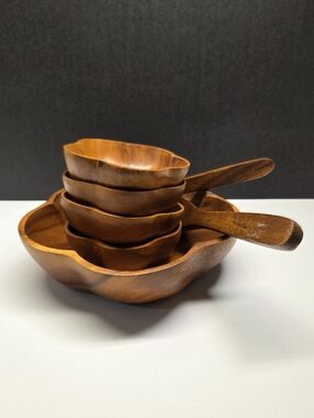 Wooden Salad Bowl Set "Monkey Pod" Acacia Wood From Philippines Serves 4